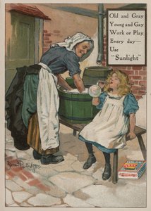 Ung pige, der blæser bobler, mens hendes bedstemor vasker: reklame for Sunlight-sæbe af Bernard Partridge