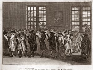 En menighed af jødiske sørgende, der udfører "" Acafoth"" ved en begravelse Gravering fra "" Illustration af religiøse ceremonier og skikke for alle verdens folk" af Bernard Picart (1723-1743) 1819 Privat samling af Bernard Picart