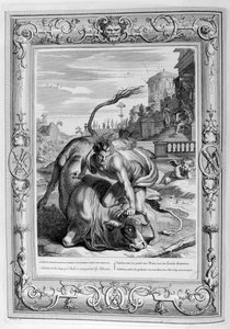 Achelous i form af en tyr er besejret af Hercules, 1733 af Bernard Picart