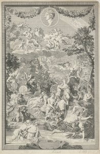Allegorisk titelblad med forskellige scener fra Ovids metamorfoser og hans portræt af Bernard Picart