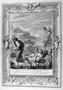 Deucalion og Pyrrha gentager verden ved at kaste sten bag dem, 1733 af Bernard Picart