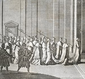 Forskellige stadier af konklavet, kardinalmøde til valg af en ny pave: kardinalernes indgang i det sixtinske kapel (Vatikanet: kardinalernes indgang) Gravering fra "Illustration af ceremonier og religiøse skikke for alle folk af Bernard Picart