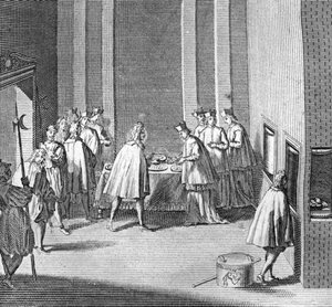 Forskellige stadier af konklavet, kardinalmøde til valg af en ny pave: valg af den nye pave under konklavet i det sixtinske (Sistina) kapel, Vatikanet: mad kontrolleres under konklavet) Gravering fra “Illustration af religiøse cer af Bernard Picart