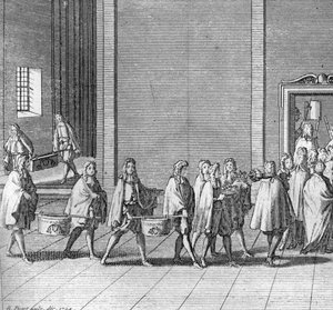 Forskellige stadier af konklavet, møde med kardinalerne til valg af en ny pave: rationerne foretages under konklavet (Vatikanet: ankomst af mad under konklavet) Gravering fra "" Illustration af religiøse ceremonier og skikke for alle mennesker af Bernard Picart
