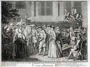 Jødisk bryllup i det jødiske tyske samfund Indgravering fra "" Illustration de ceremonies et customs religieuses de les peuples du monde" af Bernard Picart (1723-1743) 1819 Privat samling af Bernard Picart