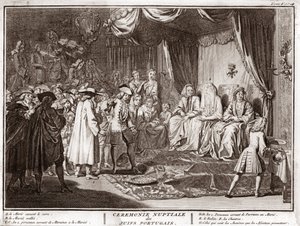Jødisk bryllup i det jødiske portugisiske samfund Gravering fra "" Illustration af ceremonier og religiøse skikke for alle verdens folk"" af Bernard Picart (1723-1743) 1819 Privat samling af Bernard Picart