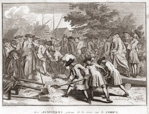 Jødedom: assistenterne kaster jord på kroppen under begravelsen (jødisk begravelse) Gravering fra "" Illustration af religiøse ceremonier og skikke for alle verdens folk"" af Bernard Picart (1723-1743) 1819 Privat samling af Bernard Picart