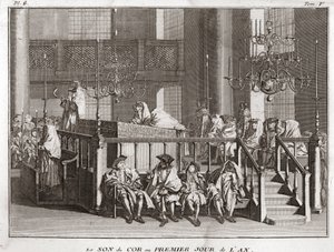 Jødedom: lyden af hornet på årets første dag ((lyden af schofar a Rosch ha-schana) (jødisk nytårsfestival: blæser i shofarhornet på Rosh Hashana) Indgravering fra "" Illustration af religiøse ceremonier og alle folkeslags skikke af Bernard Picart