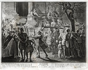 Jødedom: måden at føre lovens ægtefæller hjem på - en repræsentation af den procession, hvorved samfundet ved Simhat Torah-festen ærede dem, der var blevet udvalgt, en til at velsigne læsningen af den sidste passage af Toraen og den anden t af Bernard Picart