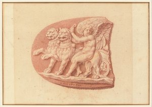 En af fire undersøgelser efter cameos, tre med klassiske profilportrætter og en med et fragmentarisk relief af Amor og to løver, der tegner en vogn (rødt kridt på papir) af Bernard Picart