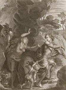 Orpheus, der fører Eurydice ud af helvede, ser tilbage på hende og mister hende for altid, 1731 af Bernard Picart