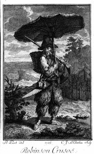 Repræsentation af Robinson Crusoe på hans øørken. Gravering af Bernard Picart (1673-1733), der illustrerer romanen af Daniel Defoe eller De Foe (1660-1731)