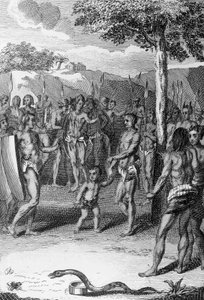 Rituel ceremoni, med slange i forgrunden, Guinea, fra Histoire Generale des Ceremonies, moeurs, et coutumes religiousness de tous les peoples du monde, af Antoine Banier (1673-1741) og Jean Baptiste Le Mascrier (1697-1760) af Bernard Picart