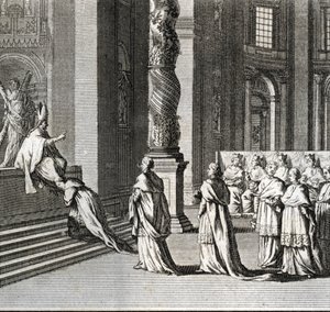 Højtidelig indvielse af pavestolen "" Tilbedelse af paven på St. Peters store alter, Vatikanet"" (pavelig indvielse: Tilbedelse af paven over det store alter i St. Peter) Indgravering fra "" Illustration af religiøse ceremonier og skikke fra -en af Bernard Picart