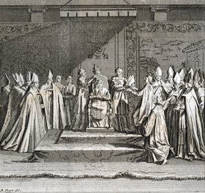 Højtidelig indvielse af pontificatet "" Representation du coronation du pope"" (pavelig indvielse: kroningen af paven) Indgravering fra "" Illustration af ceremonier og religiøse skikke for alle verdens folk"" af Bernard Picart (1723-1743) af Bernard Picart
