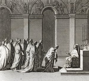 Højtidelig indvielse af paven: "" Tilbedelsen af paven i det sixtinske kapel"" (pavelig indvielse: tilbedelse af paven i det sixtinske kapel) Indgravering fra "" Illustration af ceremonier og religiøse skikke for alle verdens folk"" af Bernard Picart