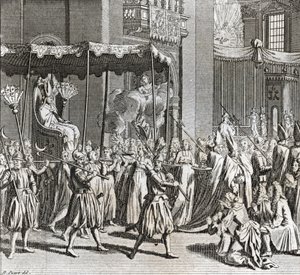 Højtidelig indvielse af pontifikatet: afbrænding af et klæde) Indgravering fra "Illustration de ceremonies et customs religieuses de tous les peuples du monde" af Bernard Picart (1723-1743) 1819 Privat samling af Bernard Picart