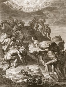 Kæmperne forsøger at skalere himlen ved at pille bjerge op på en anden, 1731 af Bernard Picart