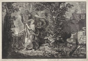 Hævngudinder opfordrer Althaea til at brænde Meleagers log History of Meleager (serietitel) af Bernard Picart