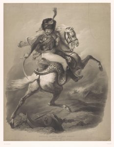 Overfaldsbetjent til hest Le chasseur de la garde (titel på objekt) Nye litografier med to typer kridt (serietitel) Nouveaux grupper aux deux farveblyanter (serietitel på objekt)