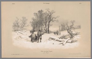 Familie samler træ i sneen Skildringer af livet på landet (serietitel) La kampagnen. Etudes varieés aux deux Crayons (serietitel på objekt) af Bernard Romain Julien