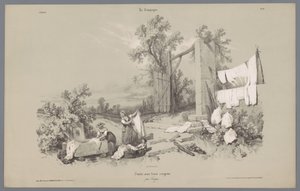 To kvinder og en pige vasker tøjet udenfor Skildringer af livet på landet (serietitel) La kampagnen. Etudes varieés aux deux Crayons (serietitel på objekt)