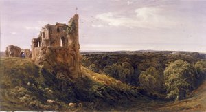 Ruineret slot i et landskab (Knaresborough Castle) (Akvarel på papir)