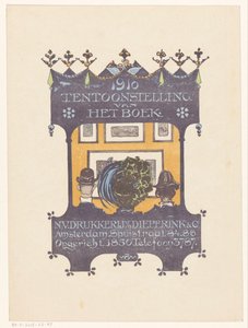 Annonce for sten- og bogtrykkeriet Dieperink & Co 1910 Udstilling af bogen (titel på objekt) af Bernard Willem Wierink