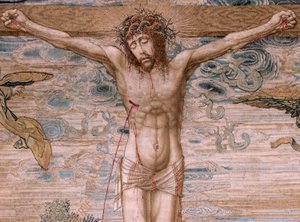 flamsk gobelin. Serien Dais of Charles V (Baldachin of Margaret of Austria). Barmhjertighedens Kristus (Cristo de la Misericordia). Tapestry panel bag podiet. Model Bernard van Orley (1491-1542). Fremstilling Pieter de Pannemaker, Bruxelles. 1518-1524. Sto af Bernard van Orley