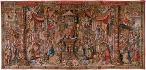 flamsk gobelin. Serien The Honours. Tro (La Fe). Første gobelin i serien. Modeltegnere fra Bernard van Orleys og Jan Gossaerts kreds (Mabuse). Fremstilling Pieter van Aelst, Bruxelles. Ca 1550. Stof Guld, sølv, silke og uld. af Bernard van Orley