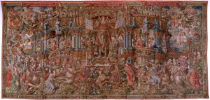 flamsk gobelin. Serien The Honours. Berømmelse (La Fama). Tredje gobelin i serien. Modeltegnere fra Bernard van Orleys og Jan Gossaerts kreds (Mabuse). Fremstilling Pieter van Aelst, Bruxelles. Ca 1550. Stof Guld, sølv, silke og uld. af Bernard van Orley