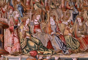 flamsk gobelin. Serien The Honours. Ære (El Ære). Andet gobelin i serien. Modeltegnere fra Bernard van Orleys og Jan Gossaerts kreds (Mabuse). Fremstilling Pieter van Aelst, Bruxelles. Ca 1550. Stof Guld, sølv, silke og uld. af Bernard van Orley