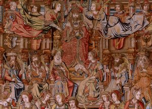 flamsk gobelin. Serien The Honours. Ære (El Ære). Andet gobelin i serien. Modeltegnere fra Bernard van Orleys og Jan Gossaerts kreds (Mabuse). Fremstilling Pieter van Aelst, Bruxelles. Ca 1550. Stof Guld, sølv, silke og uld. af Bernard van Orley