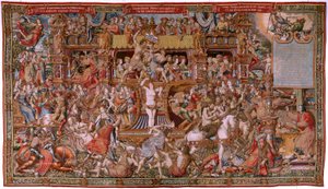 flamsk gobelin. Serien The Honours. Infamy (La Infamia). Sjette gobelin i serien. Modeltegnere fra Bernard van Orleys og Jan Gossaerts kreds (Mabuse). Fremstilling Pieter van Aelst, Bruxelles. Ca 1550. Stof Guld, sølv, silke og uld.