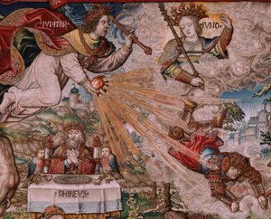 flamsk gobelin. Serien The Honours. Retfærdighed (La Justicia, Los Honores). Niende gobelin i serien. Modeltegnere fra Bernard van Orleys og Jan Gossaerts kreds (Mabuse). Fremstilling Pieter van Aelst, Bruxelles. Ca 1550. Stof Guld, sølv, af Bernard van Orley