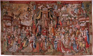 flamsk gobelin. Serien The Honours. Retfærdighed (La Justicia, Los Honores). Niende gobelin i serien. Modeltegnere fra Bernard van Orleys og Jan Gossaerts kreds (Mabuse). Fremstilling Pieter van Aelst, Bruxelles. Ca 1550. Stof Guld, sølv, af Bernard van Orley