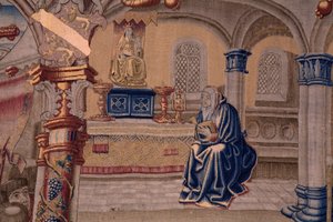 flamsk gobelin. Serie The Legend of the Madonna of the Sablon (The Legend of Our Lady of the Sablon). Ankomsten af ​​statuen af ​​Madonnaen. Fremstilling af Bruxelles. Tegneren Barend van Orley af Bernard van Orley
