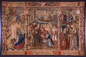 flamsk gobelin. Serie The Legend of the Madonna of the Sablon (The Legend of Our Lady of the Sablon). Statuen af ​​Madonna kommer til Sablon-kirken (Statuen af ​​Vor Frue tages til Sablon-kirken, La Estatua de af Bernard van Orley