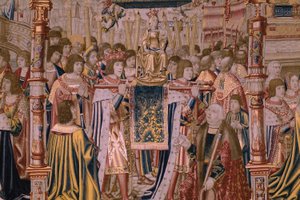 flamsk gobelin. Serie The Legend of the Madonna of the Sablon (The Legend of Our Lady of the Sablon). Ankomsten af ​​statuen af ​​Madonnaen. Fremstilling af Bruxelles. Tegneren Barend van Orley af Bernard van Orley