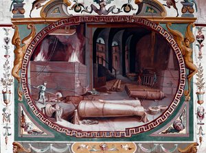 Repræsentation af værkstedet for et våbenstøberi. Fresco af Bernardino Barbatelli dit Poccetti (1548-1612) Firenze, Uffizi Gallery (Uffizi)