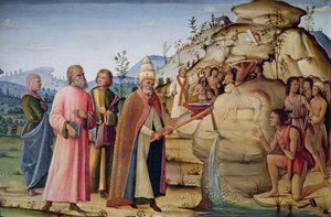 St. Clement Striking the Rock below the Holy Lamb (olie på linned på panel)