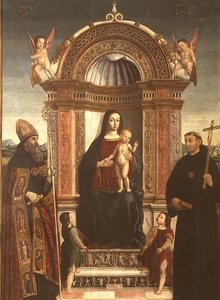 Madonna og barn med St. Nicholas af Tolentino og St. Augustine af Bernardino Loschi