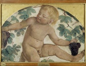 Høstputti - Putto under en pergola, ca. 1514 (fritliggende freskomaleri båret om bord) af Bernardino Luini