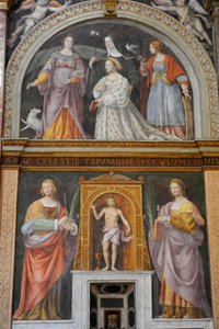 Saint Apollonia og Saint Lucy, på toppen, Ippolita Sforza omgivet af helgener og nonner, fresko af Bernardino Luini i kirken Saint Maurice ved Maggiore-klosteret, Milano, Lombardiet, Italien af Bernardino Luini