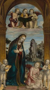 Madonna tilbeder barnet med musikalske engle af Bernardino Zenale
