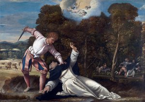 Sankt Peters død af Verona - Maleri tilskrevet Bernardino da Asola (aktiv 1525-1550), olie på lærred (102x144,8 cm), omkring 1540 - (The Death of Saint Peter Martyr, Olie på lærred af Bernardino da Asola af Bernardino da Asola