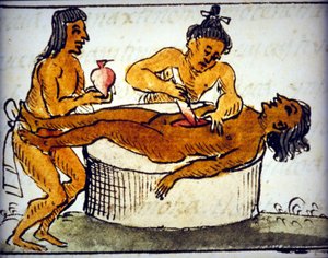 Human ofre: Rituel offer blandt aztekerne. Fra et manuskript af Bernardino de Sahagun af Bernardino de Sahagun