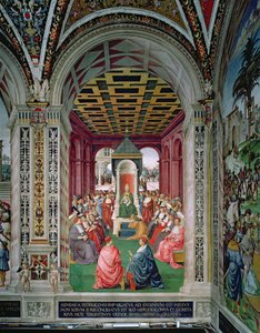 Aeneas Sylvius Piccolomini (1405-64) underkaster sig pave Eugene IV (1383-1447) 7. februar af Bernardino di Betto Pinturicchio