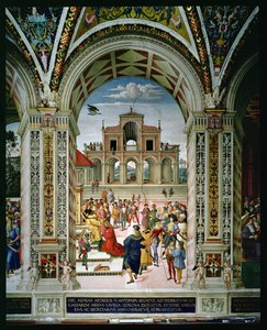 Aeneas Sylvius Piccolomini (1405-64) er kronet digterpristager af Frederik III (1415-93) i 1442 af Bernardino di Betto Pinturicchio