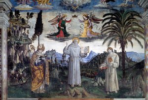 Bernardino af Sienas herlighed. Detalje af Saint mellem Saint Louis af Anjou og Saint Anthony of Padua (Fresco, ca. 1486) af Bernardino di Betto Pinturicchio